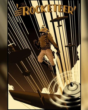 Retro poster illustration of the Rocketeer soaring through the sky with aircraft, featuring vintage aviation and comic book style art.
