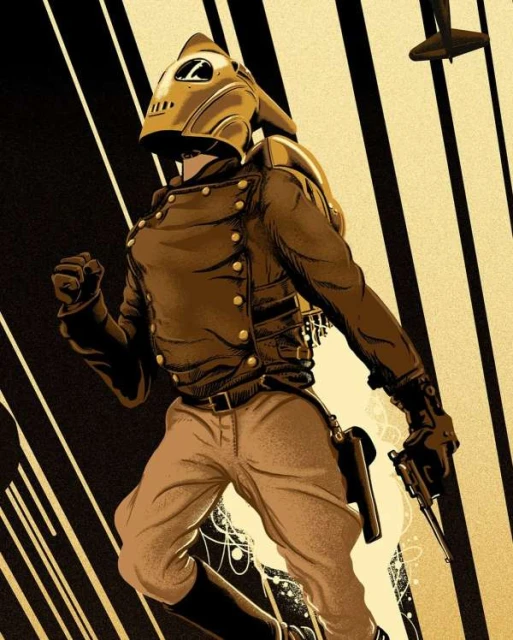 Illustration of a person in a retrofuturistic aviation helmet and jacket holding a pistol, with an airplane in the background.