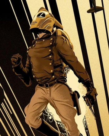 Illustration of a person in a retrofuturistic aviation helmet and jacket holding a pistol, with an airplane in the background.