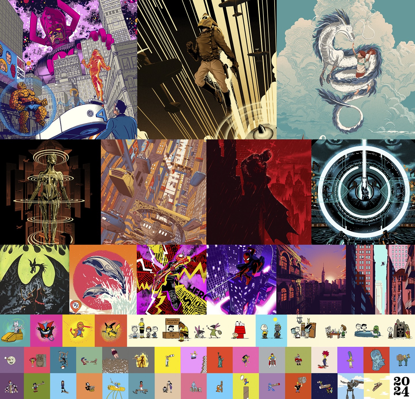 Compilation of comic book and fantasy art featuring superheroes, dragons, and futuristic scenes in a grid layout, vibrant and diverse.