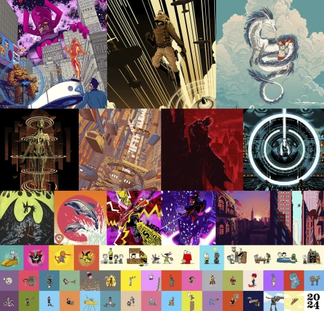 Compilation of comic book and fantasy art featuring superheroes, dragons, and futuristic scenes in a grid layout, vibrant and diverse.