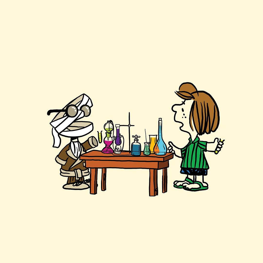 Animated cartoon illustration of a mummy and a girl standing at a table filled with beakers and scientific equipment in a lab.