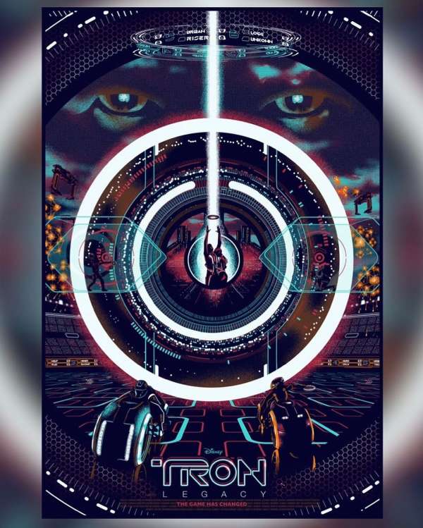 Tron Legacy movie poster featuring digital rendering of main character, light cycles, and a futuristic cityscape with geometric shapes.
