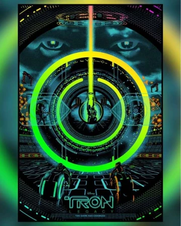 Poster artwork for Tron: Legacy, features digital art, neon lights, and technological themes. 