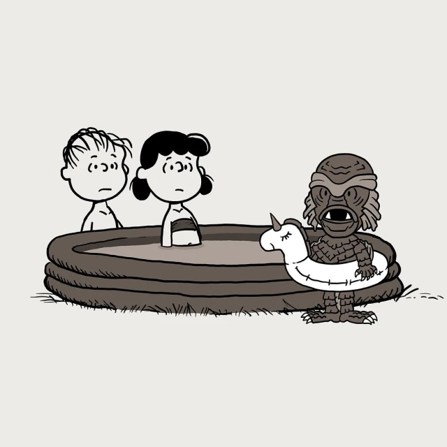 Cartoon illustration of two children in a paddling pool looking at a monster wearing a unicorn floatation device.
