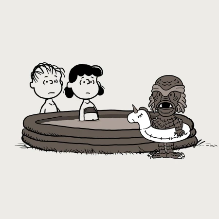 Cartoon illustration of two children in a paddling pool looking at a monster wearing a unicorn floatation device.