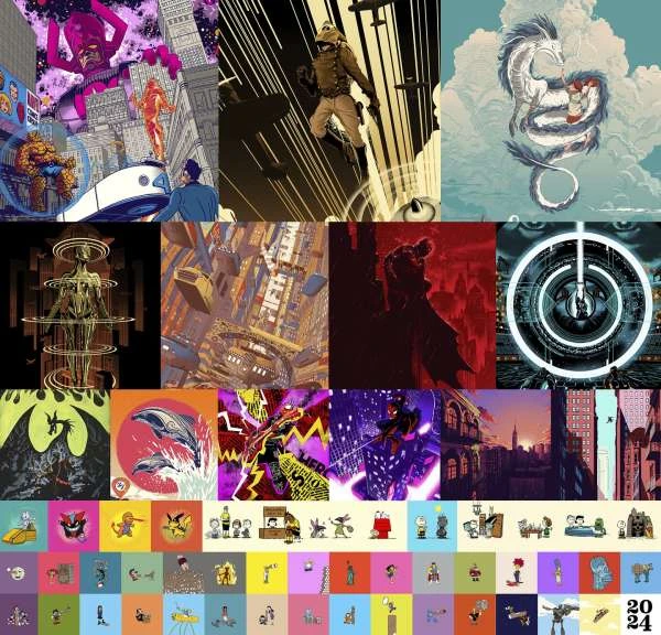 A collage of comic book and graphic art featuring figures, cityscapes, and abstract designs in a colorful, multi-paneled composition.