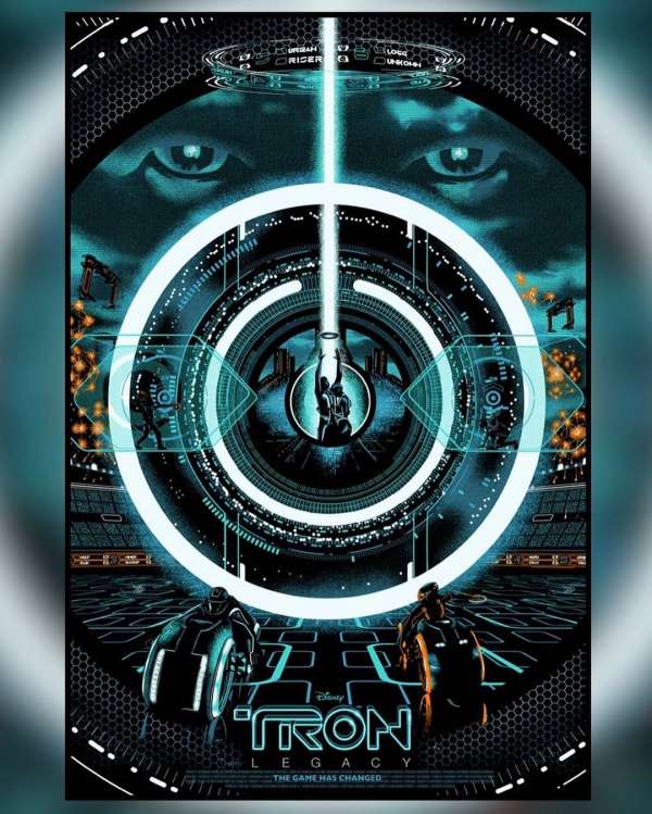 Movie poster illustration for TRON: Legacy featuring two figures with light cycles and a bright beam of light. Sci-fi concept.