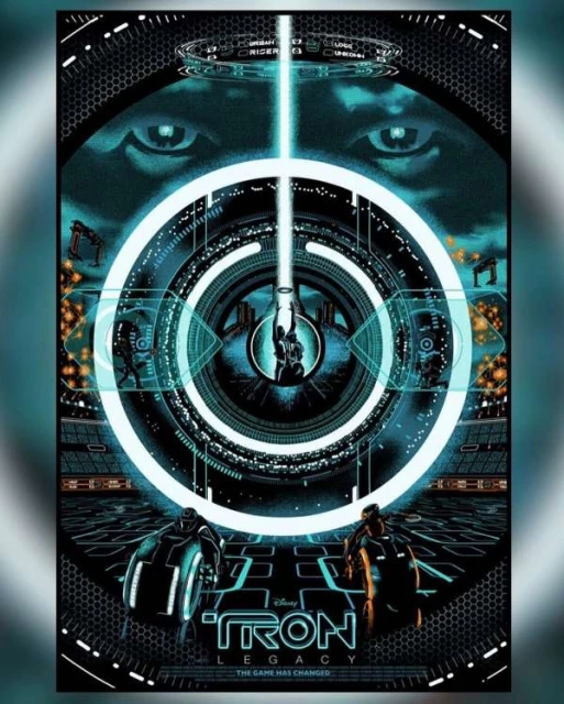Movie poster illustration for TRON: Legacy featuring two figures with light cycles and a bright beam of light. Sci-fi concept.