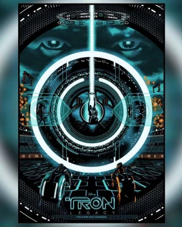 Movie poster illustration for TRON: Legacy featuring two figures with light cycles and a bright beam of light. Sci-fi concept.