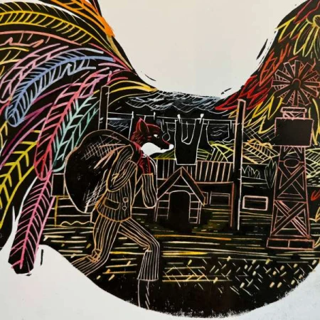 Illustration of fox wearing suit carrying sack in linocut style art, walking through village with windmill and hanging laundry.