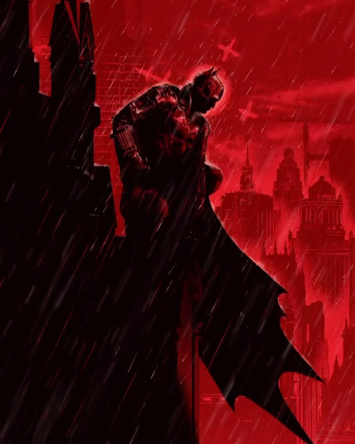 Dark, silhouetted figure perches atop a gothic structure in the rain, evoking a cinematic, noir atmosphere with a predominantly red color scheme.