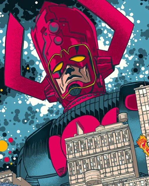 Illustration of Galactus, a large comic book character, looming over city buildings against a dark, speckled background, showcasing a dramatic scene.