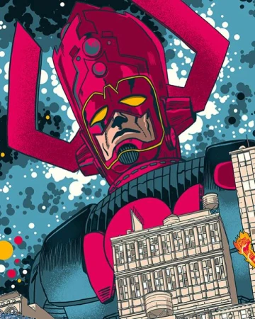 Illustration of Galactus, a large comic book character, looming over city buildings against a dark, speckled background, showcasing a dramatic scene.