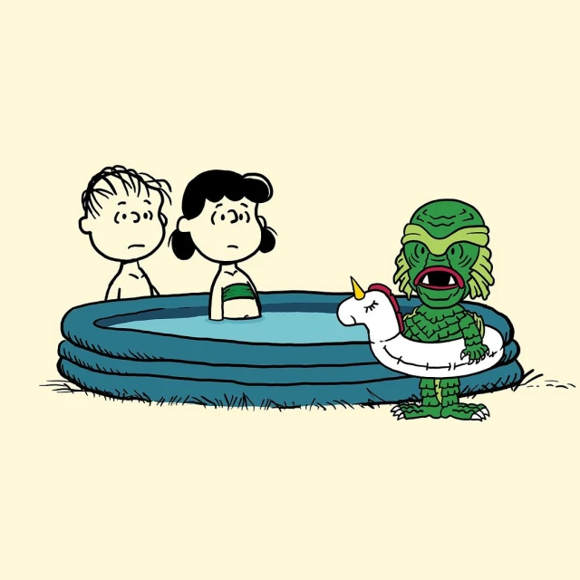 Illustration featuring Charlie Brown, Lucy, and the Creature from the Black Lagoon around a blue inflatable swimming pool.