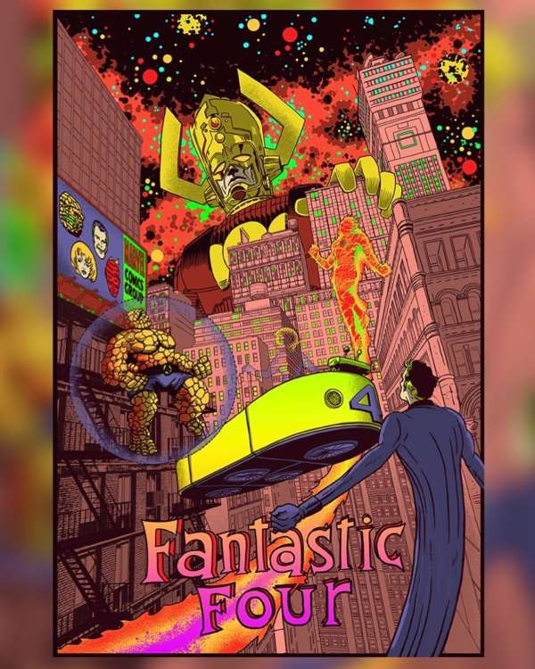Comic art illustration of the Fantastic Four and Galactus in a city, rendered with dynamic perspective and vibrant colors in the style of vintage comic books.