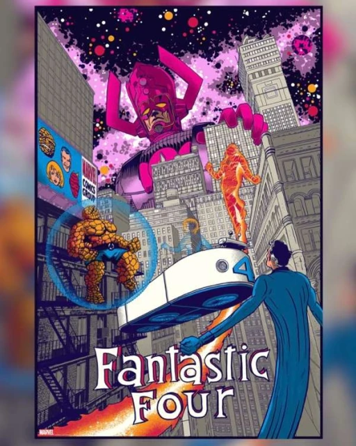 Comic art rendering of Fantastic Four characters in a city setting, featuring Galactus and a flying vehicle in the sky with skyscrapers.