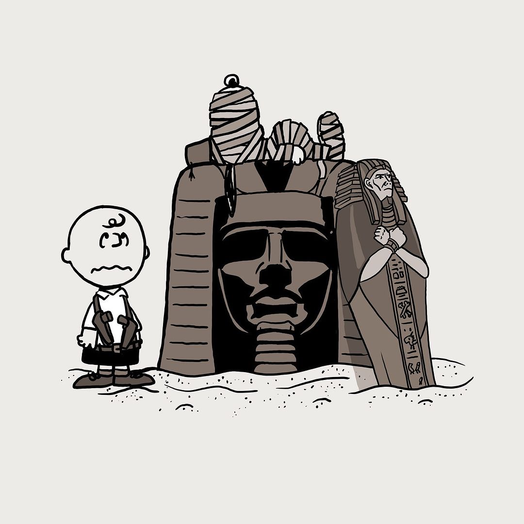 Illustration of Charlie Brown standing next to an ancient Egyptian tomb, a mummy, and a pharaoh sarcophagus. Cartoon style art.