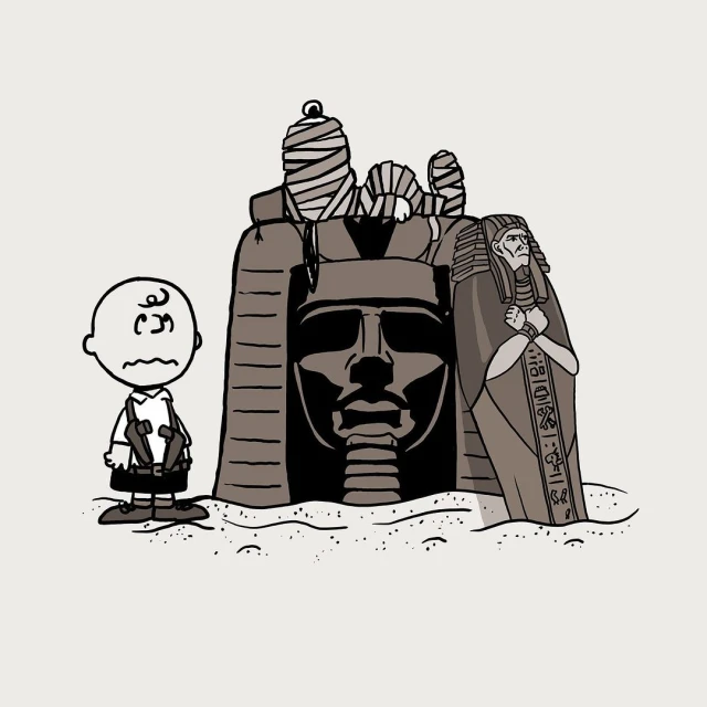 Illustration of Charlie Brown standing next to an ancient Egyptian tomb, a mummy, and a pharaoh sarcophagus. Cartoon style art.