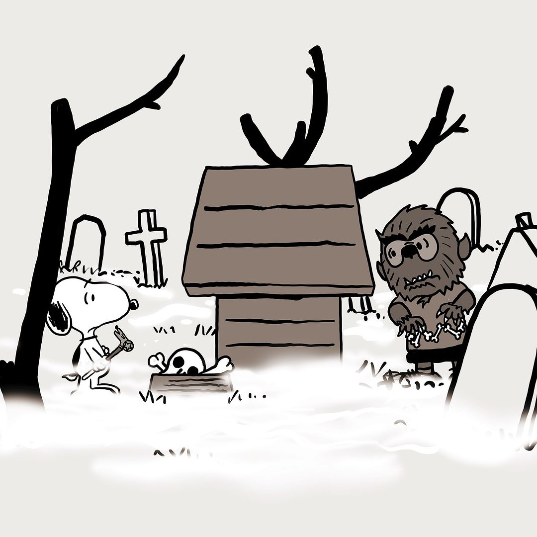 Illustration of Snoopy holding a hammer near a skull and dog house, with a werewolf-like figure in a graveyard setting.