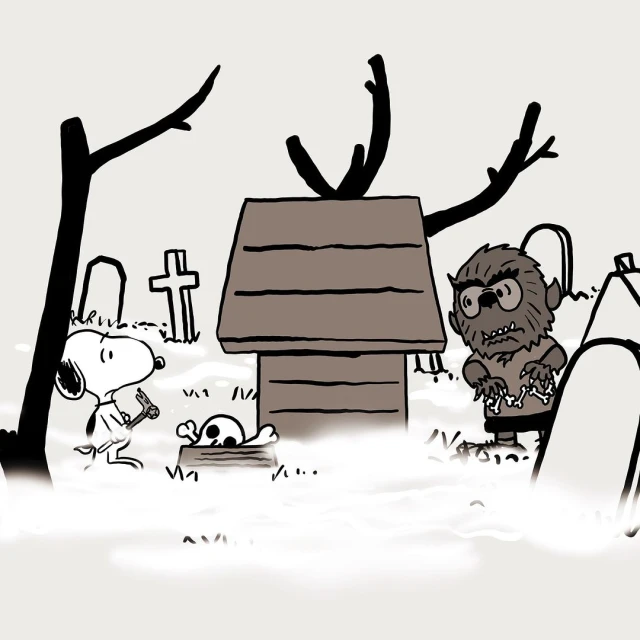 Illustration of Snoopy holding a hammer near a skull and dog house, with a werewolf-like figure in a graveyard setting.