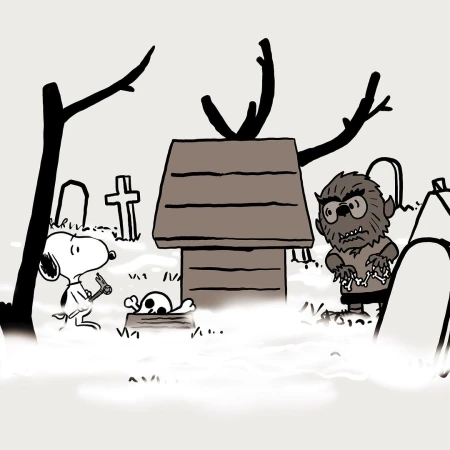 Illustration of Snoopy holding a hammer near a skull and dog house, with a werewolf-like figure in a graveyard setting.