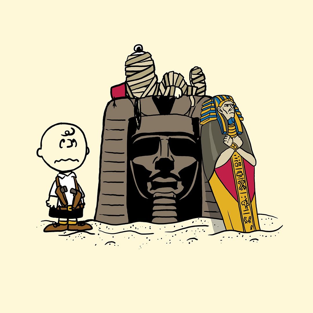 Illustration features Charlie Brown near cartoon Egyptian sphinx and mummy figures on a cream-colored background. Flat, cartoon style.