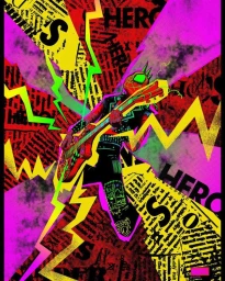 Vibrant pop art illustration of a masked musician playing a guitar amidst jagged lightning bolts and collaged newspaper text.
