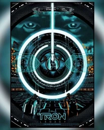 Tron Legacy illustration poster by Raid71 featuring light cycles, circular UI elements, and glowing cyan neon details