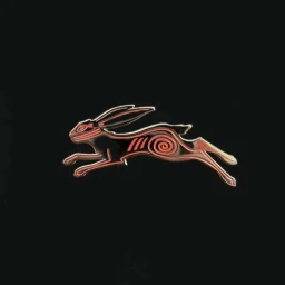 Stylized illustration of a leaping rabbit with red linear markings and a spiral pattern by Raid71 against a dark background.
