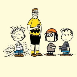 Illustration by Raid71 blending characters into a Peanuts style, featuring a tall man holding a drink and three children standing nearby.