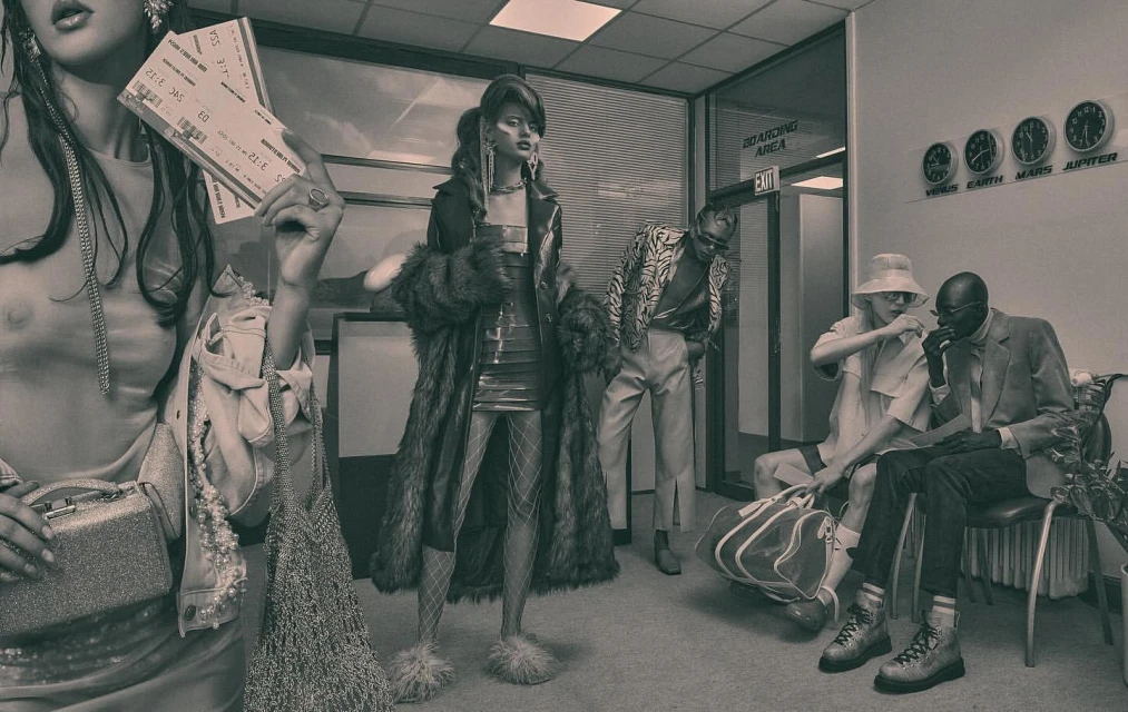 Several stylishly dressed people pose inside an airport terminal-like waiting area, some holding travel documents and luggage in a vintage aesthetic.