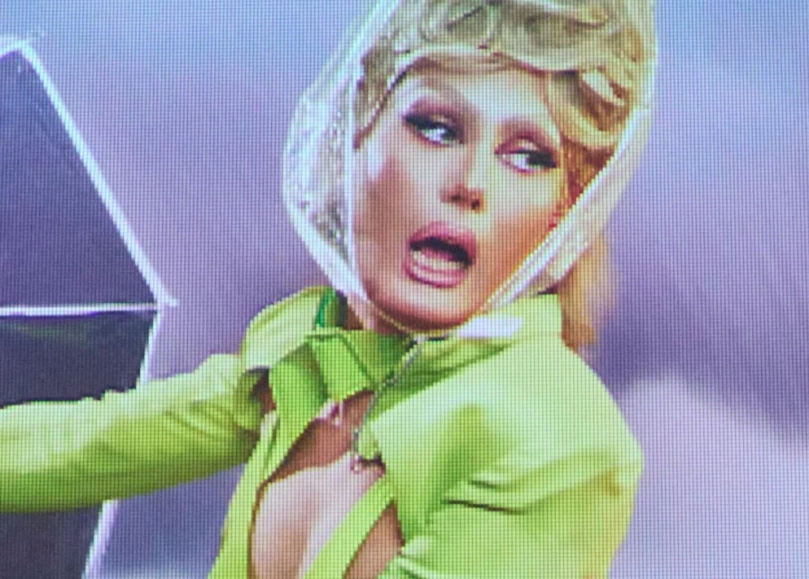 Adult woman in green jacket and plastic head covering looks to the side against a purple background in an indoor environment.