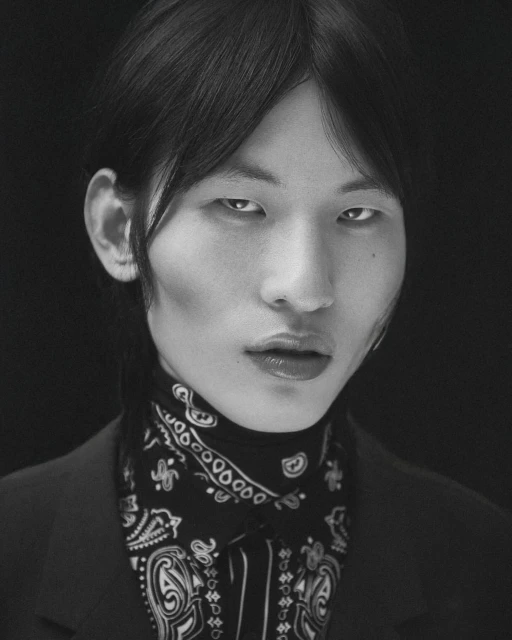 Striking black-and-white portrait of a person with dark hair, wearing a patterned bandana and dark suit jacket against a black backdrop.