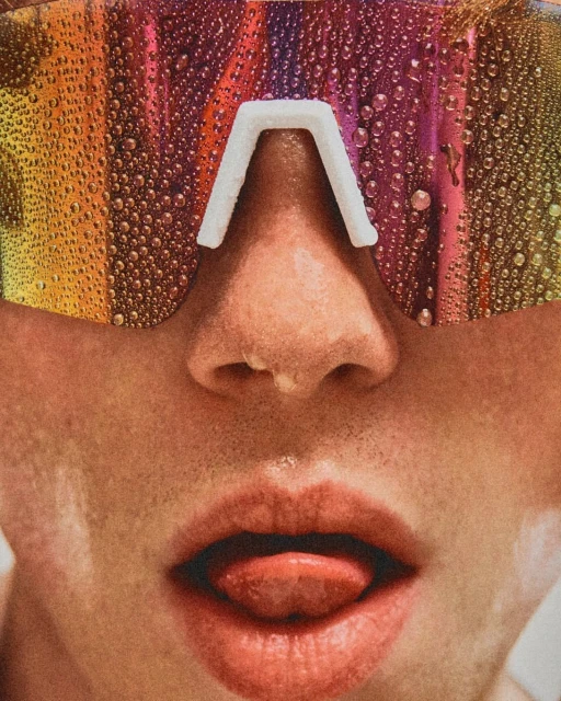 Close-up of a person with iridescent, water-covered visor-style glasses and their tongue sticking out, capturing a surreal, vibrant aesthetic.