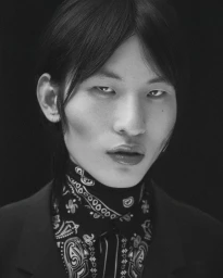 Close-up portrait of a young east asian man with dark hair wearing a patterned paisley turtleneck and dark jacket