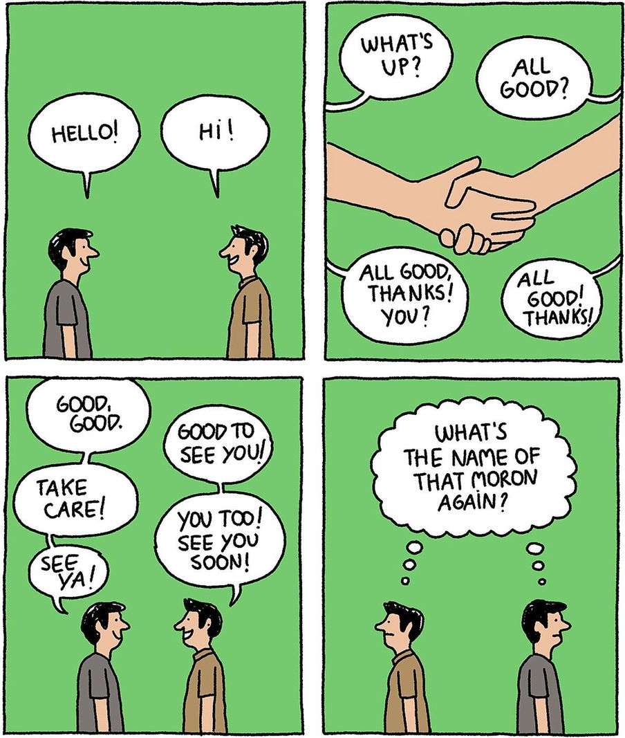 Comic strip featuring two men greeting each other and shaking hands, with speech bubbles containing greetings and conversational phrases on green background.
