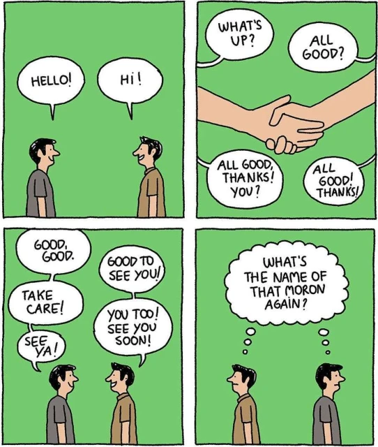 Comic strip featuring two men greeting each other and shaking hands, with speech bubbles containing greetings and conversational phrases on green background.
