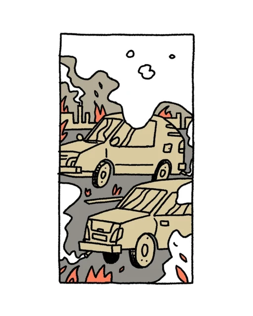 Illustration depicting multiple cars on a road with smoke and fire in the background, indicating pollution and potential environmental damage.