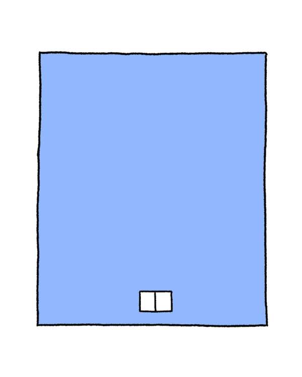 Abstract illustration features a large light-blue square shape above two small white squares, set against a white background.