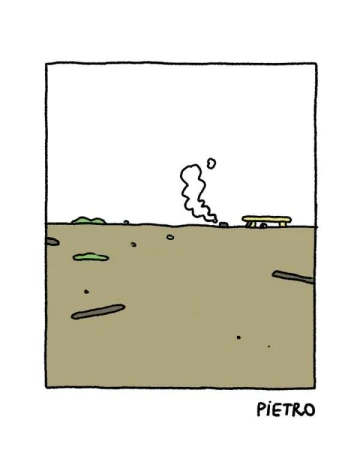 Cartoon-style illustration of a flat landscape with a campfire and green vegetation, rendered in simple lines and muted colors.