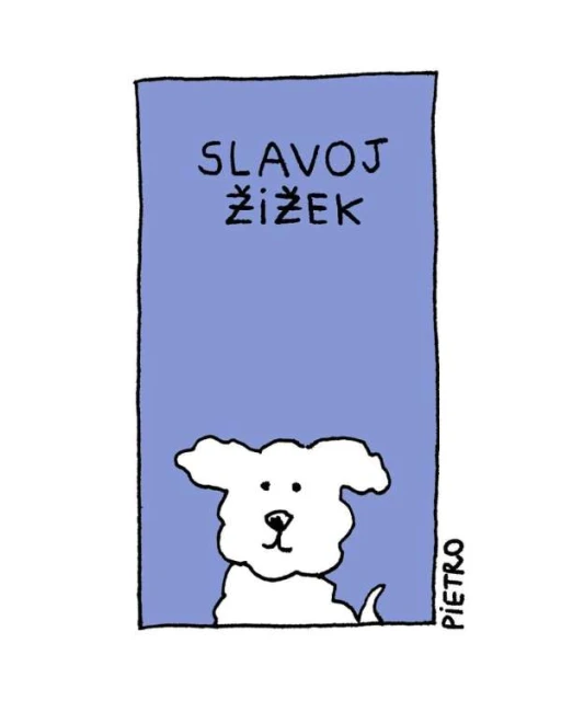 Illustration of a book cover with a portrait of a dog at the bottom and the text 'Slavoj Žižek' on a light purple background.