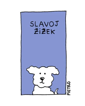 Illustration of a book cover with a portrait of a dog at the bottom and the text 'Slavoj Žižek' on a light purple background.