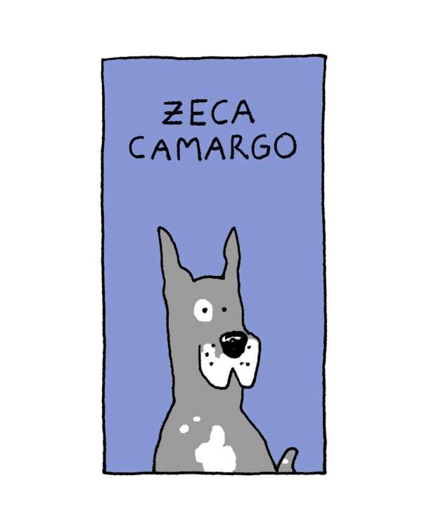 Illustration of a grey spotted dog on a blue background with the text Zeca Camargo above. Cartoon style with simple lines.