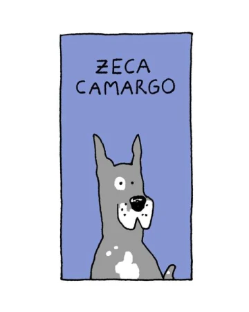 Illustration of a grey spotted dog on a blue background with the text Zeca Camargo above. Cartoon style with simple lines.