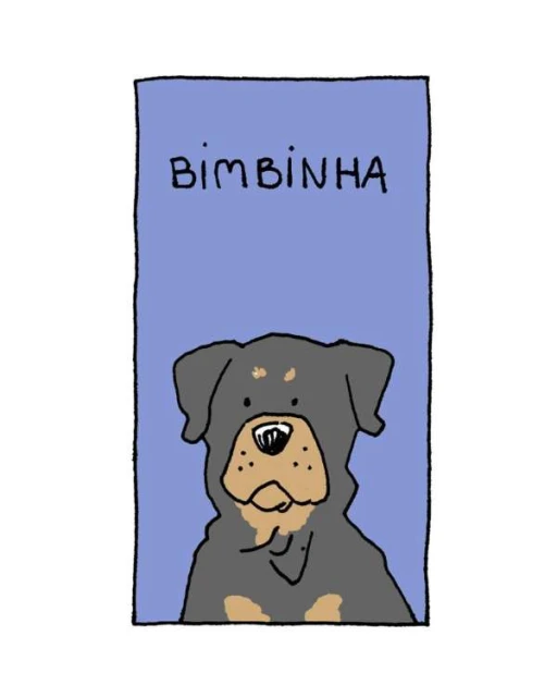 Whimsical illustration of a dog with a light brown snout and a light blue background with the word 'BIMBINHA' at the top.