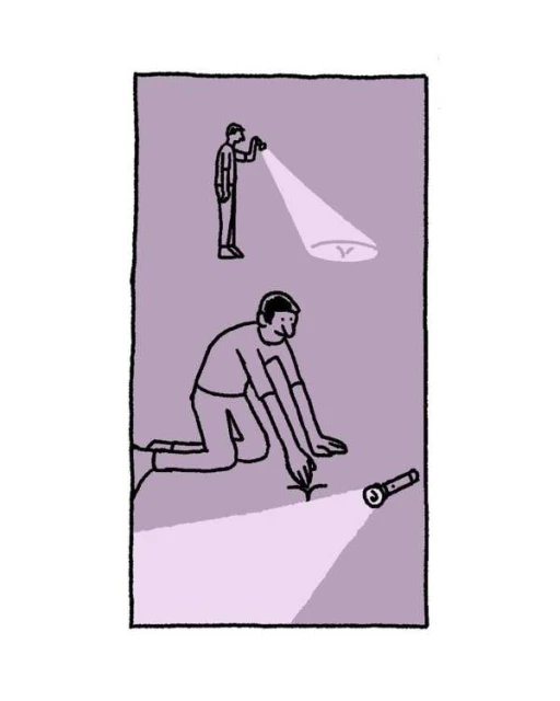 Illustration depicting two adult males, one standing and one kneeling, both using flashlights to illuminate a plant in a room.