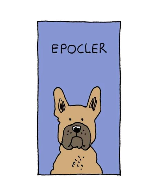 Digital illustration of a cartoon fawn-colored French bulldog set against a periwinkle background with the word "EPOCLER" above it.