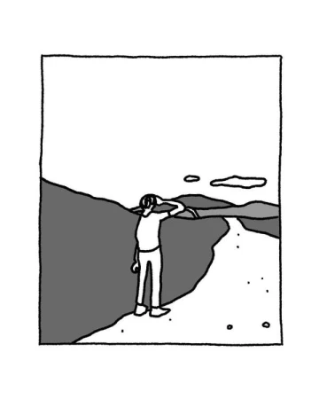 Illustration of a man looking out toward the horizon in a grayscale landscape with a simple style and black and white color palette.