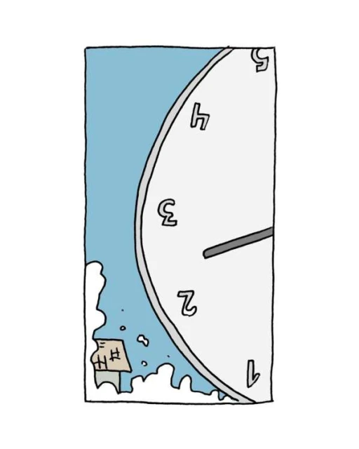 Whimsical illustration of a giant clock looming over a small house, with a light blue sky and cloud-like shapes surrounding the house.